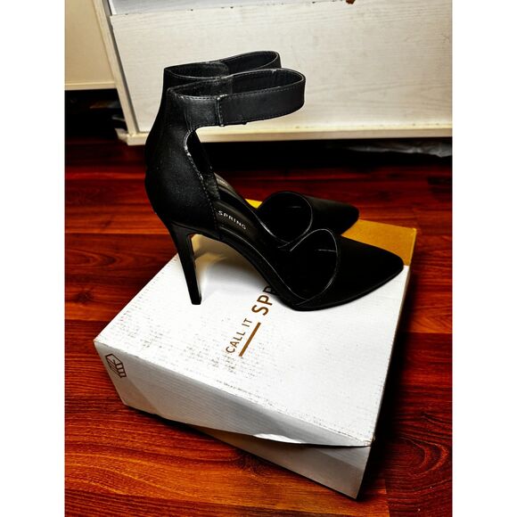 Call It Spring Shoes - The Call It Spring Yadoven Black Ankle Strap Pointed Toe Heels